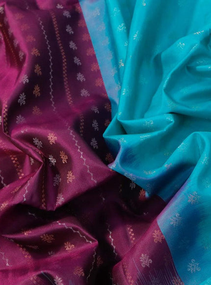 Pure soft silk saree purple and teal blue with allover silver & copper zari weaves and silver & copper zari woven butta border