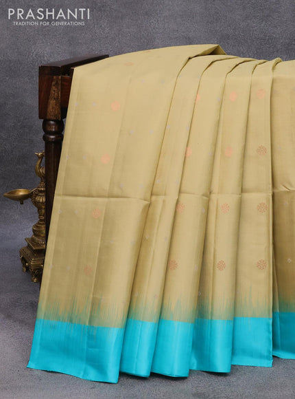 Pure soft silk saree elaichi green shade and teal blue with allover silver & copper zari buttas and simple border