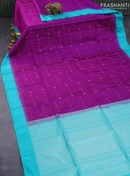 Pure soft silk saree magenta pink and teal blue with allover silver & copper zari buttas and simple border