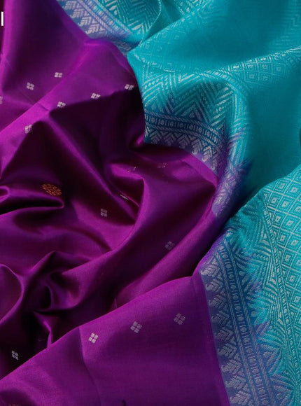 Pure soft silk saree magenta pink and teal blue with allover silver & copper zari buttas and simple border