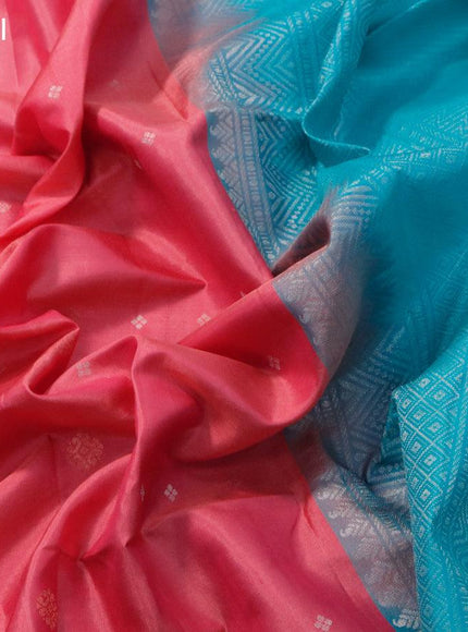 Pure soft silk saree peach pink and teal blue with allover silver & copper zari buttas and simple border