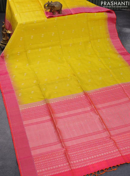 Pure soft silk saree yellow and dual shade of pink with silver zari woven buttas and silver zari woven border