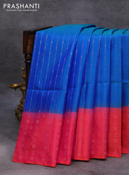 Pure soft silk saree dual shade of cs blue and dual shade of pink with allover silver & copper zari weaves and zari woven border