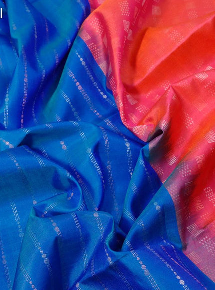 Pure soft silk saree dual shade of cs blue and dual shade of pink with allover silver & copper zari weaves and zari woven border