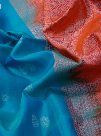 Pure soft silk saree teal blue and dual shade of pinkish orange with silver zari woven butta weaves and simple border