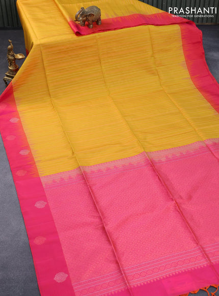 Pure soft silk saree mango yellow and dual shade od pinkish orange with allover silver & copper zari weaves and silver & copper zari woven butta border