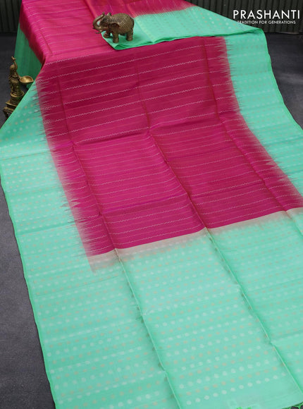 Pure soft silk saree pink and teal green with allover silver & copper zari weaves and long silver & copper zari woven butta border