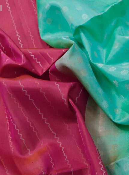 Pure soft silk saree pink and teal green with allover silver & copper zari weaves and long silver & copper zari woven butta border