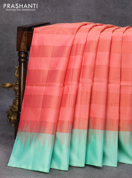 Pure soft silk saree peach pink shade and teal green shade with allover copper zari checked pattern and simple border