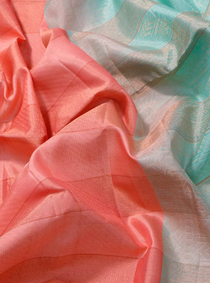 Pure soft silk saree peach pink shade and teal green shade with allover copper zari checked pattern and simple border