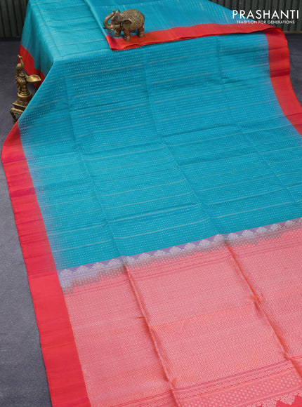 Pure soft silk saree teal blue and dual shade of pinkish orange with allover silver & copper zari weaves and simple border