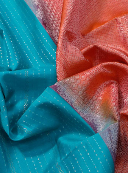 Pure soft silk saree teal blue and dual shade of pinkish orange with allover silver & copper zari weaves and simple border