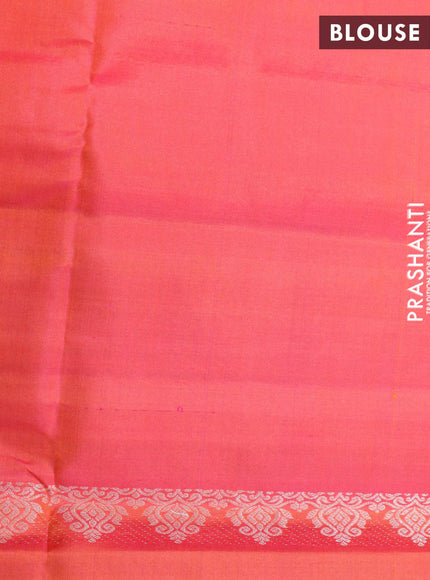 Pure soft silk saree teal blue and dual shade of pinkish orange with allover silver & copper zari weaves and simple border