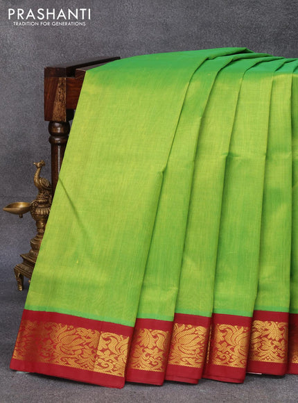 10 yards silk cotton saree light green and maroon with plain body and floral zari woven border without blouse