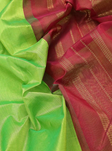 10 yards silk cotton saree light green and maroon with plain body and floral zari woven border without blouse