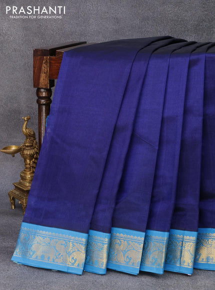 10 yards silk cotton saree blue and cs blue with plain body and elephant & peacock zari woven border without blouse