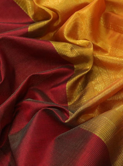 10 yards silk cotton saree maroon and mustard yellow with allover vairosi pattern and annam & elephant zari woven border without blouse