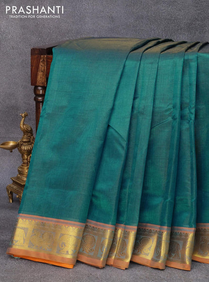 10 yards silk cotton saree peacock green and dark mustard with allover vairosi pattern and annam & elephant zari woven border without blouse