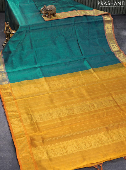 10 yards silk cotton saree peacock green and dark mustard with allover vairosi pattern and annam & elephant zari woven border without blouse