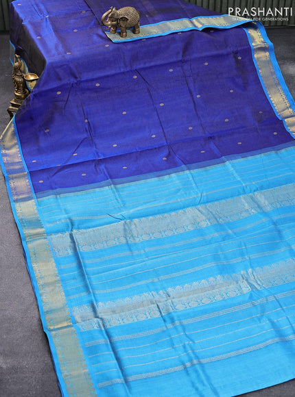 10 yards silk cotton saree blue and cs blue with allover vairosi pattern & buttas and zari woven border without blouse