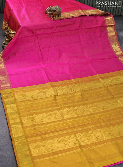 10 yards silk cotton saree pink and dark mustard with allover vairosi pattern and zari woven border without blouse