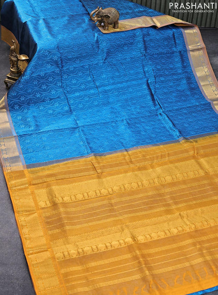 10 yards silk cotton saree cs blue and mustard yellow with allover self emboss jaquard and zari woven border without blouse