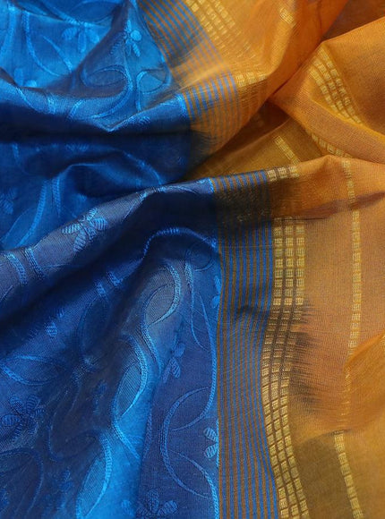 10 yards silk cotton saree cs blue and mustard yellow with allover self emboss jaquard and zari woven border without blouse