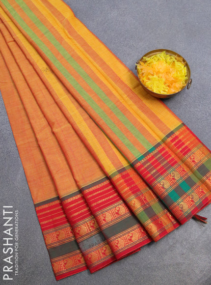 Narayanpet cotton saree dual shade of mustard yellow and red with plain body and zari woven paisley border