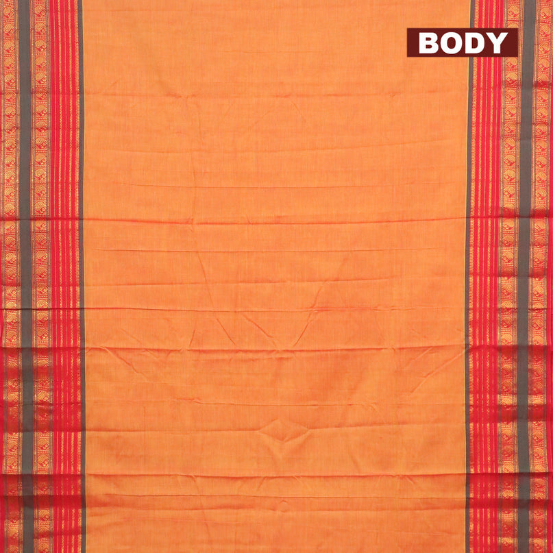 Narayanpet cotton saree dual shade of mustard yellow and red with plain body and zari woven paisley border