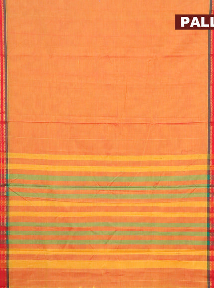 Narayanpet cotton saree dual shade of mustard yellow and red with plain body and zari woven paisley border