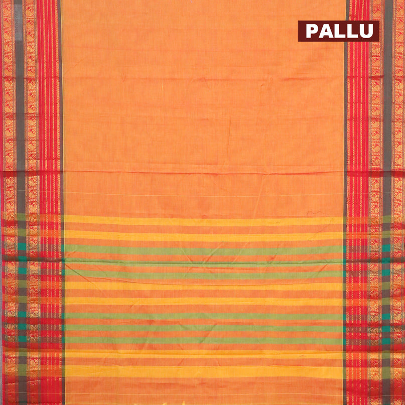 Narayanpet cotton saree dual shade of mustard yellow and red with plain body and zari woven paisley border