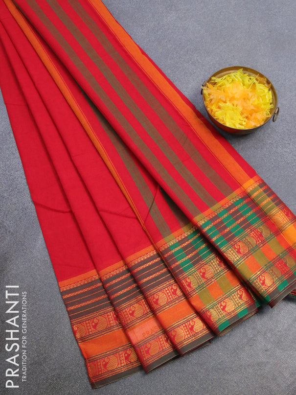 Narayanpet cotton saree red and dual shade of green with plain body and zari woven paisely border