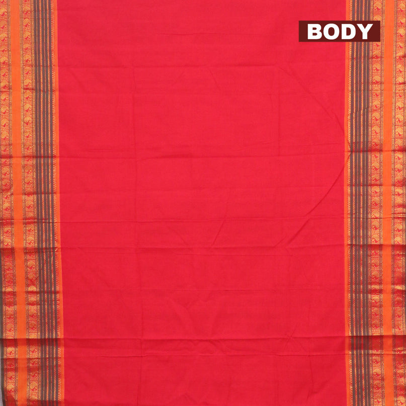 Narayanpet cotton saree red and dual shade of green with plain body and zari woven paisely border