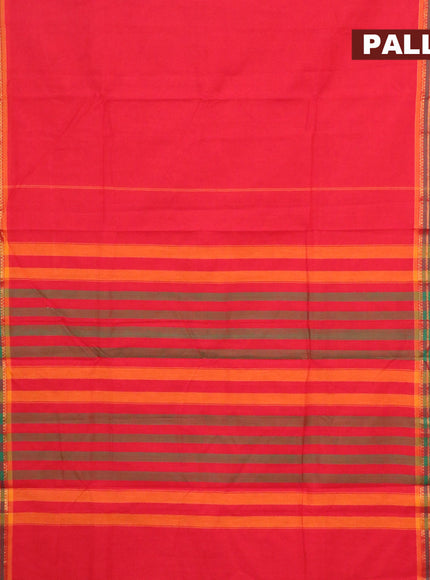 Narayanpet cotton saree red and dual shade of green with plain body and zari woven paisely border