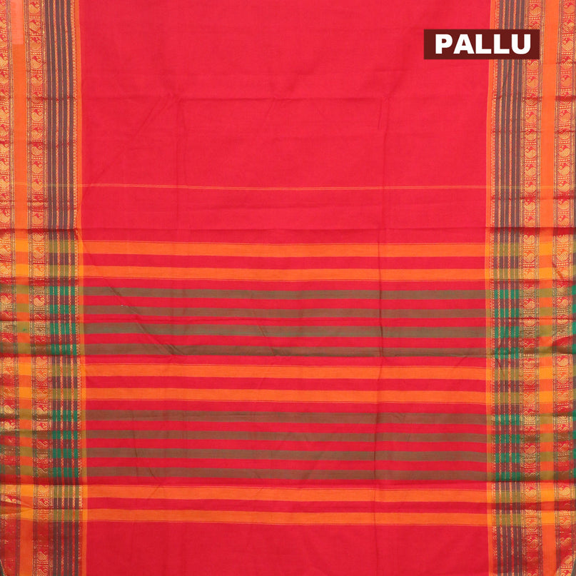 Narayanpet cotton saree red and dual shade of green with plain body and zari woven paisely border