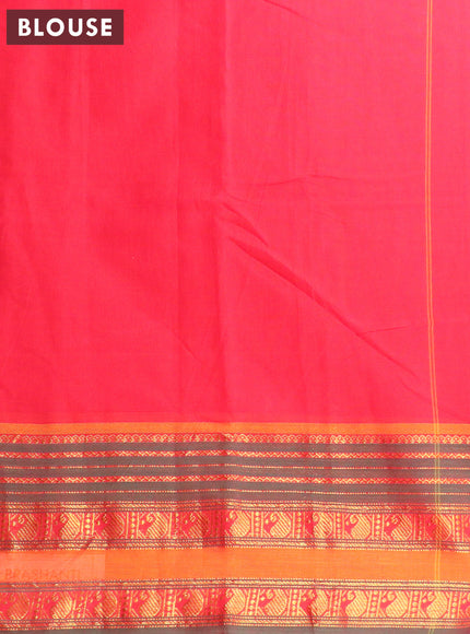 Narayanpet cotton saree red and dual shade of green with plain body and zari woven paisely border