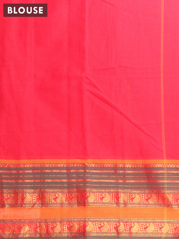 Narayanpet cotton saree red and dual shade of green with plain body and zari woven paisely border