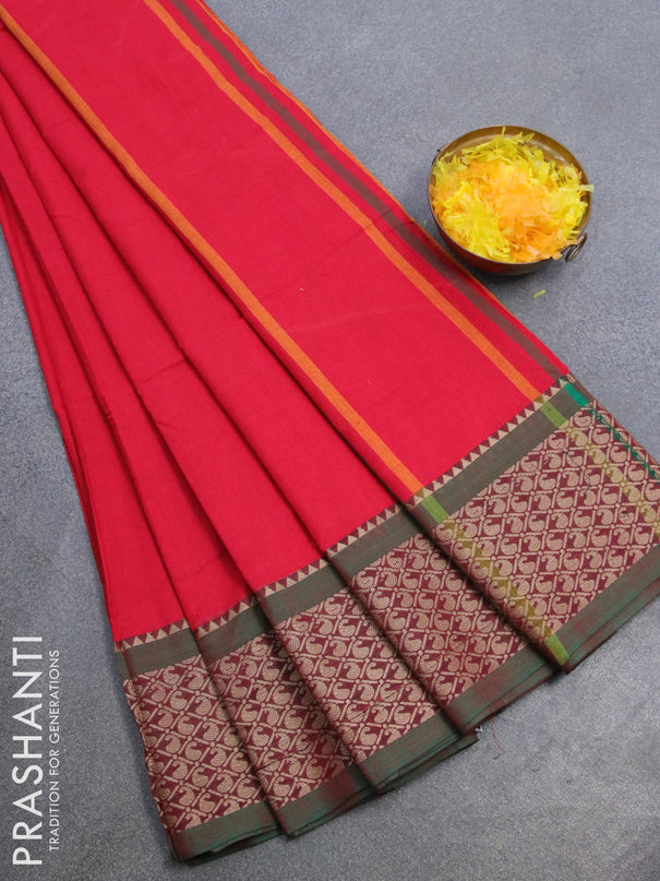 Narayanpet cotton saree red and dual shade of green with plain body and thread woven border