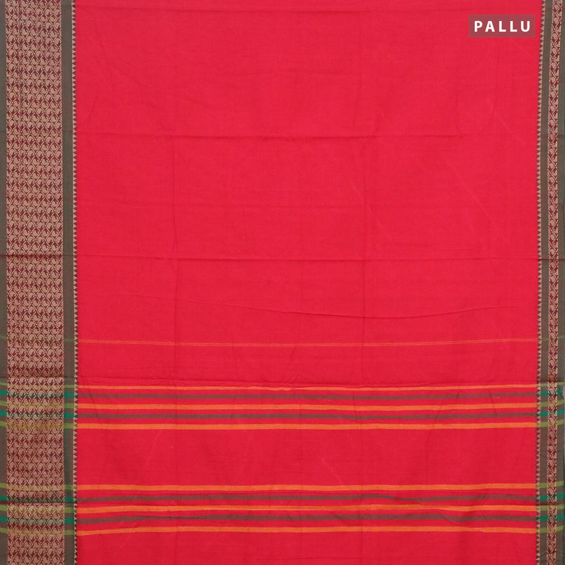 Narayanpet cotton saree red and dual shade of green with plain body and thread woven border