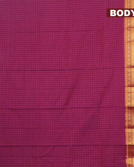 Narayanpet cotton saree dual shade of purple and dark mustard with allover checked pattern and rudhraksha zari woven border