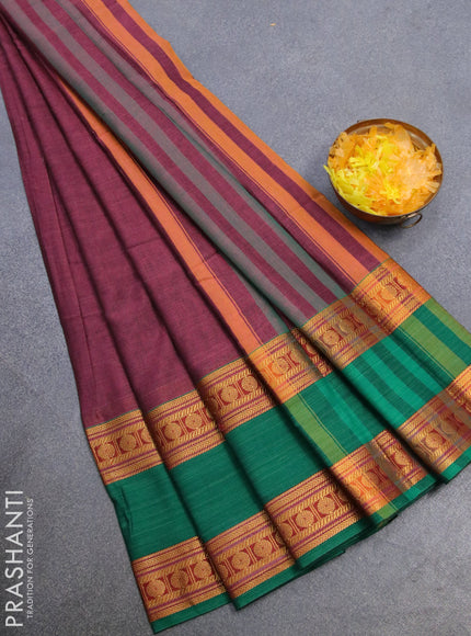 Narayanpet cotton saree mauve pink and green with plain body and rettapet rudhraksha zari woven border