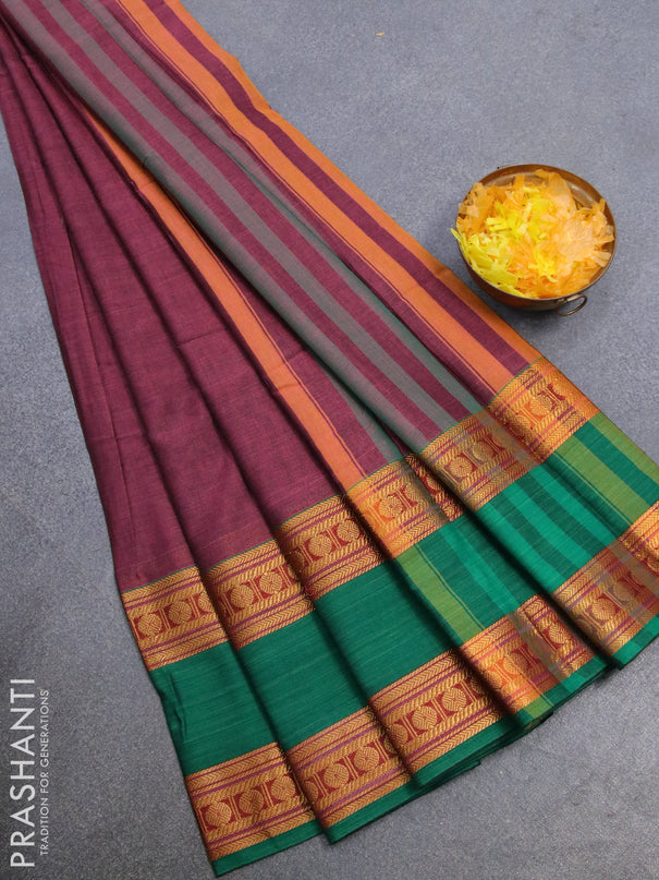 Narayanpet cotton saree mauve pink and green with plain body and rettapet rudhraksha zari woven border