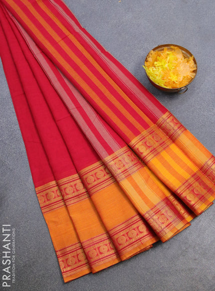 Narayanpet cotton saree red and mustard yellow with plain body and rettapet rudhraksha zari woven border