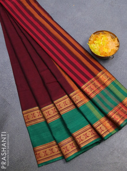 Narayanpet cotton saree maroon and green with plain body and rettapet rudhraksha zari woven border