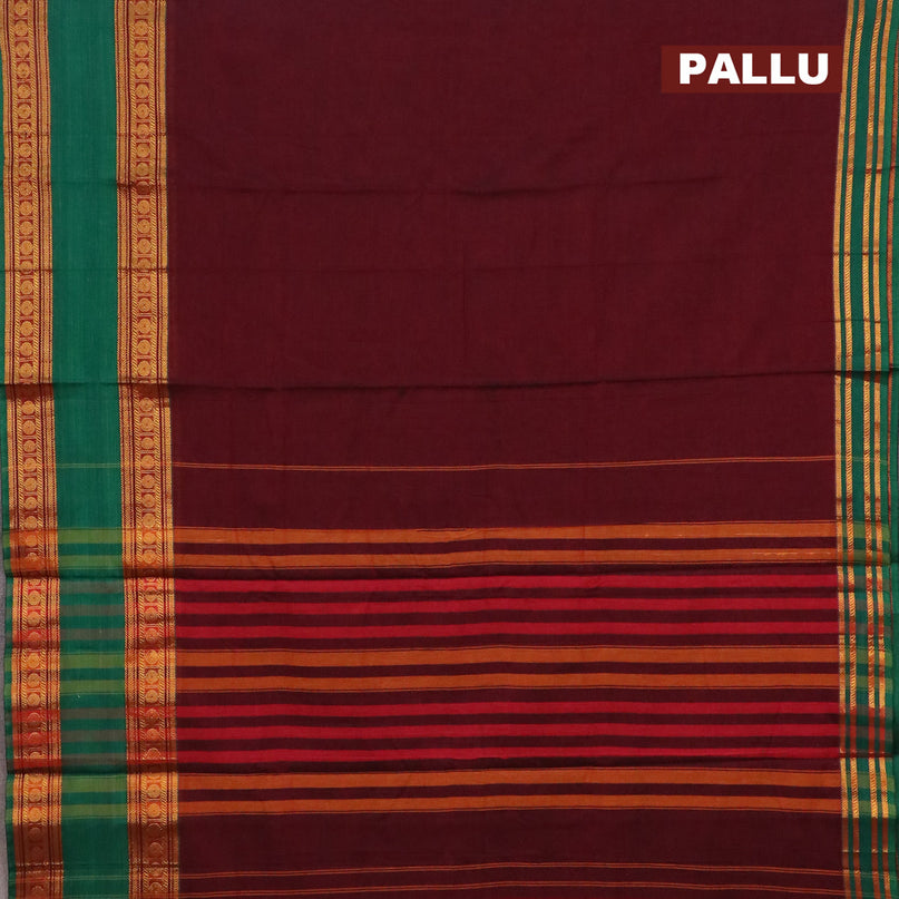 Narayanpet cotton saree maroon and green with plain body and rettapet rudhraksha zari woven border