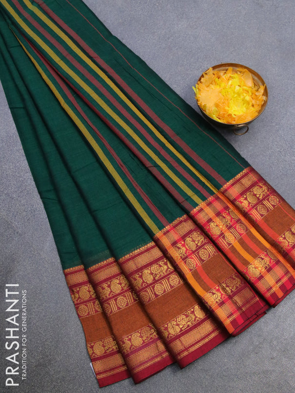 Narayanpet cotton saree green and maroon with plain body and rettapet zari woven border