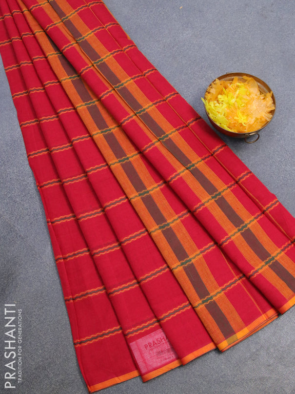 Narayanpet cotton saree red and orange with allover thread weaves and piping border