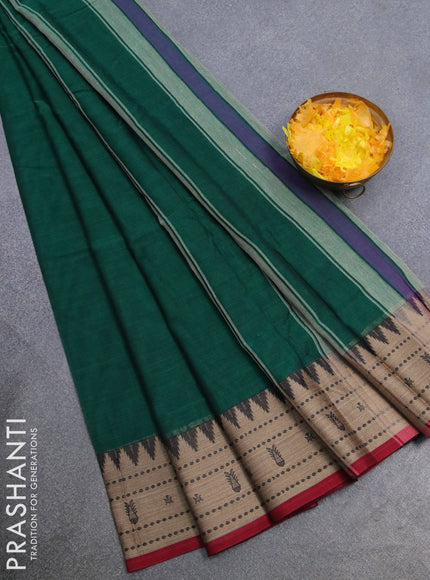 Narayanpet cotton saree green and maroon with plain body and thread woven border