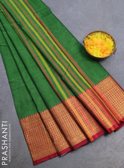 Narayanpet cotton saree green and maroon with plain body and zari woven border