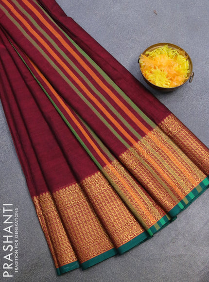 Narayanpet cotton saree maroon and green with plain body and zari woven border